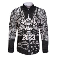 Custom New Zealand Rugby Family Matching Puletasi Dress and Hawaiian Shirt Black Haka Dance With NZ Champions History LT9 Dad's Shirt - Long Sleeve Black - Polynesian Pride