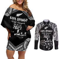 NZ Rugby Couples Matching Off Shoulder Short Dress and Long Sleeve Button Shirt Kapa Opango Maori Haka With Years of The All Black Champions LT9 Black - Polynesian Pride