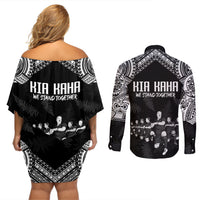 NZ Rugby Couples Matching Off Shoulder Short Dress and Long Sleeve Button Shirt Kapa Opango Maori Haka With Years of The All Black Champions LT9 - Polynesian Pride