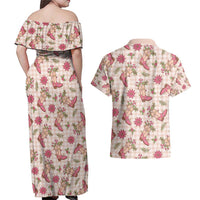 Beige Paniolo Palaka Hawaiian Cowgirl Christmas Couples Matching Off Shoulder Maxi Dress and Hawaiian Shirt - Polynesian Pride