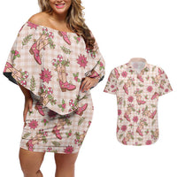 Beige Paniolo Palaka Hawaiian Cowgirl Christmas Couples Matching Off Shoulder Short Dress and Hawaiian Shirt - Polynesian Pride