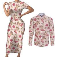 Beige Paniolo Palaka Hawaiian Cowgirl Christmas Couples Matching Short Sleeve Bodycon Dress and Long Sleeve Button Shirt - Polynesian Pride