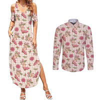 Beige Paniolo Palaka Hawaiian Cowgirl Christmas Couples Matching Summer Maxi Dress and Long Sleeve Button Shirt - Polynesian Pride