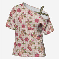 Beige Paniolo Palaka Hawaiian Cowgirl Christmas Cross Shoulder Shirt - Polynesian Pride