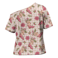 Beige Paniolo Palaka Hawaiian Cowgirl Christmas Cross Shoulder Shirt - Polynesian Pride