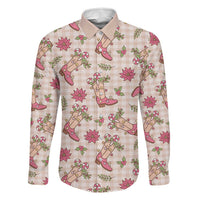 Beige Paniolo Palaka Hawaiian Cowgirl Christmas Family Matching Off The Shoulder Long Sleeve Dress and Hawaiian Shirt LT9 Dad's Shirt - Long Sleeve Beige - Polynesian Pride