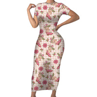 Beige Paniolo Palaka Hawaiian Cowgirl Christmas Short Sleeve Bodycon Dress LT9 Long Dress Beige - Polynesian Pride