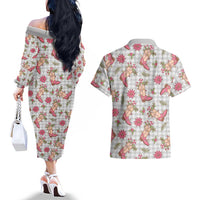 Gray Paniolo Palaka Hawaiian Cowgirl Christmas Couples Matching Off The Shoulder Long Sleeve Dress and Hawaiian Shirt LT9 - Polynesian Pride