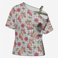 Gray Paniolo Palaka Hawaiian Cowgirl Christmas Cross Shoulder Shirt LT9 Female Gray - Polynesian Pride