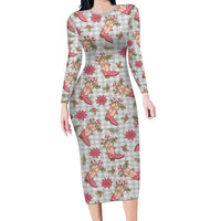 Gray Paniolo Palaka Hawaiian Cowgirl Christmas Family Matching Long Sleeve Bodycon Dress and Hawaiian Shirt LT9 Mom's Dress Gray - Polynesian Pride