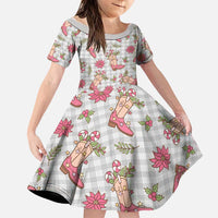 Gray Paniolo Palaka Hawaiian Cowgirl Christmas Family Matching Off Shoulder Short Dress and Hawaiian Shirt LT9 Daughter's Dress Gray - Polynesian Pride