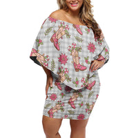 Gray Paniolo Palaka Hawaiian Cowgirl Christmas Family Matching Off Shoulder Short Dress and Hawaiian Shirt - Polynesian Pride