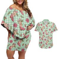 Green Paniolo Palaka Hawaiian Cowgirl Christmas Couples Matching Off Shoulder Short Dress and Hawaiian Shirt LT9 Green - Polynesian Pride