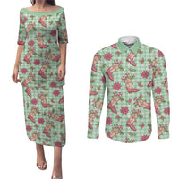 Green Paniolo Palaka Hawaiian Cowgirl Christmas Couples Matching Puletasi and Long Sleeve Button Shirt LT9 Green - Polynesian Pride