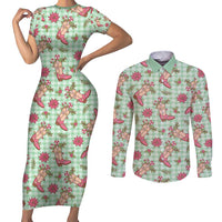 Green Paniolo Palaka Hawaiian Cowgirl Christmas Couples Matching Short Sleeve Bodycon Dress and Long Sleeve Button Shirt - Polynesian Pride