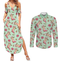 Green Paniolo Palaka Hawaiian Cowgirl Christmas Couples Matching Summer Maxi Dress and Long Sleeve Button Shirt - Polynesian Pride