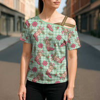 Green Paniolo Palaka Hawaiian Cowgirl Christmas Cross Shoulder Shirt LT9 - Polynesian Pride
