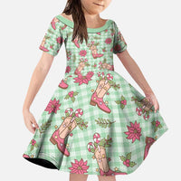 Green Paniolo Palaka Hawaiian Cowgirl Christmas Family Matching Short Sleeve Bodycon Dress and Hawaiian Shirt LT9 Daughter's Dress Green - Polynesian Pride