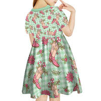 Green Paniolo Palaka Hawaiian Cowgirl Christmas Kid Short Sleeve Dress - Polynesian Pride