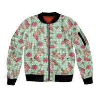 Green Paniolo Palaka Hawaiian Cowgirl Christmas Sleeve Zip Bomber Jacket - Polynesian Pride