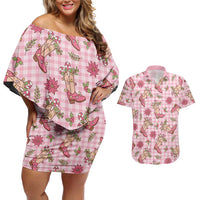 Pink Paniolo Palaka Hawaiian Cowgirl Christmas Couples Matching Off Shoulder Short Dress and Hawaiian Shirt LT9 Pink - Polynesian Pride