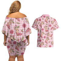 Pink Paniolo Palaka Hawaiian Cowgirl Christmas Couples Matching Off Shoulder Short Dress and Hawaiian Shirt - Polynesian Pride