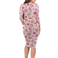 Pink Paniolo Palaka Hawaiian Cowgirl Christmas Long Sleeve Bodycon Dress - Polynesian Pride