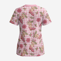 Pink Paniolo Palaka Hawaiian Cowgirl Christmas Scrub Top - Polynesian Pride
