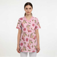 Pink Paniolo Palaka Hawaiian Cowgirl Christmas Scrub Top - Polynesian Pride