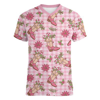 Pink Paniolo Palaka Hawaiian Cowgirl Christmas Women V-Neck T-Shirt LT9 Female Pink - Polynesian Pride