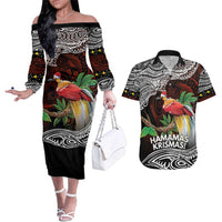 Papua New Guinea Christmas Couples Matching Off The Shoulder Long Sleeve Dress and Hawaiian Shirt LT9 Black - Polynesian Pride
