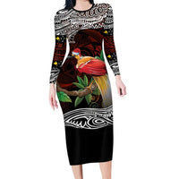 Papua New Guinea Christmas Family Matching Long Sleeve Bodycon Dress and Hawaiian Shirt LT9 Mom's Dress Black - Polynesian Pride