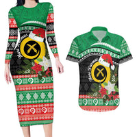 Vanuatu Pig's Tusk Meri Krismas! Couples Matching Long Sleeve Bodycon Dress and Hawaiian Shirt Vanuatuan Sand Drawing Pattern - Polynesian Pride