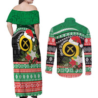 Vanuatu Pig's Tusk Meri Krismas! Couples Matching Off Shoulder Maxi Dress and Long Sleeve Button Shirt Vanuatuan Sand Drawing Pattern LT9 - Polynesian Pride