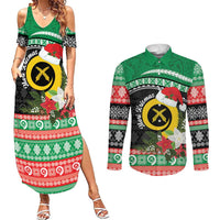 Vanuatu Pig's Tusk Meri Krismas! Couples Matching Summer Maxi Dress and Long Sleeve Button Shirt Vanuatuan Sand Drawing Pattern LT9 Green - Polynesian Pride