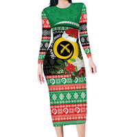 Vanuatu Pig's Tusk Meri Krismas! Family Matching Long Sleeve Bodycon Dress and Hawaiian Shirt Vanuatuan Sand Drawing Pattern LT9 Mom's Dress Green - Polynesian Pride