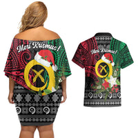 Vanuatu Pig's Tusk Meri Krismas! Couples Matching Off Shoulder Short Dress and Hawaiian Shirt Vanuatuan Ancient Art Spirit - Polynesian Pride