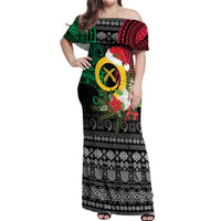 Vanuatu Pig's Tusk Meri Krismas! Off Shoulder Maxi Dress Vanuatuan Ancient Art Spirit LT9 Women Black - Polynesian Pride