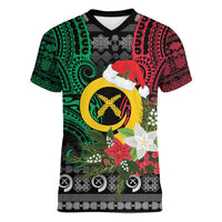 Vanuatu Pig's Tusk Meri Krismas! Women V-Neck T-Shirt Vanuatuan Ancient Art Spirit - Polynesian Pride
