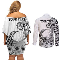 Ia Orana Tahiti Personalised Couples Matching Off Shoulder Short Dress and Long Sleeve Button Shirt French Polynesia Hook Tattoo Special White Color LT9 - Polynesian Pride