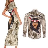 Personalized New Zealand Women's Day Couples Matching Short Sleeve Bodycon Dress and Long Sleeve Button Shirt Maori Girl Feathers of Hope - Beige LT9 - Polynesian Pride