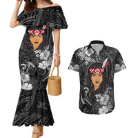 New Zealand Custom Women's Day Couples Matching Mermaid Dress and Hawaiian Shirt Maori Girl Feathers of Hope - Black LT9 Black - Polynesian Pride