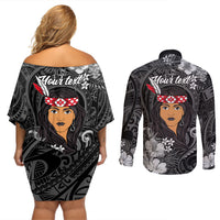 New Zealand Custom Women's Day Couples Matching Off Shoulder Short Dress and Long Sleeve Button Shirt Maori Girl Feathers of Hope - Black LT9 - Polynesian Pride