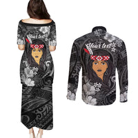 New Zealand Custom Women's Day Couples Matching Puletasi and Long Sleeve Button Shirt Maori Girl Feathers of Hope - Black LT9 - Polynesian Pride