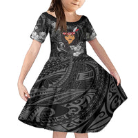 New Zealand Custom Women's Day Family Matching Short Sleeve Bodycon Dress and Hawaiian Shirt Maori Girl Feathers of Hope - Black LT9 Daughter's Dress Black - Polynesian Pride