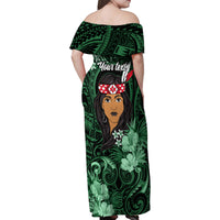 New Zealand Custom Women's Day Family Matching Off Shoulder Maxi Dress and Hawaiian Shirt Maori Girl Feathers of Hope - Green LT9 - Polynesian Pride
