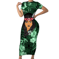 New Zealand Custom Women's Day Short Sleeve Bodycon Dress Maori Girl Feathers of Hope - Green LT9 Long Dress Green - Polynesian Pride