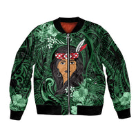 New Zealand Custom Women's Day Sleeve Zip Bomber Jacket Maori Girl Feathers of Hope - Green LT9 Unisex Green - Polynesian Pride