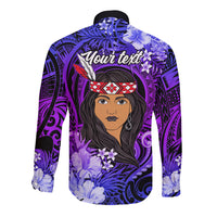 New Zealand Custom Women's Day Long Sleeve Button Shirt Maori Girl Feathers of Hope - Purple LT9 - Polynesian Pride