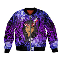 New Zealand Custom Women's Day Sleeve Zip Bomber Jacket Maori Girl Feathers of Hope - Purple LT9 Unisex Purple - Polynesian Pride